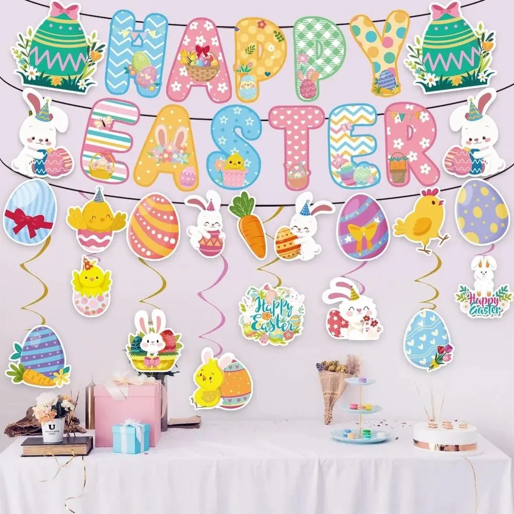 Easter Birthday Party Decorations, Easter Egg Bunny Banner Hanging Swirl Decor